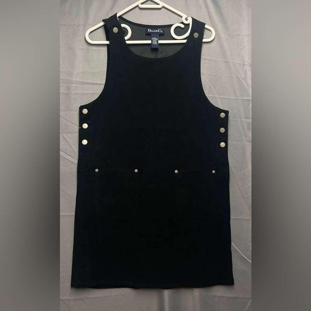Denim & Co. Black Velvet‎ Bib Overall Dress Women's Vintage Pockets Short Small